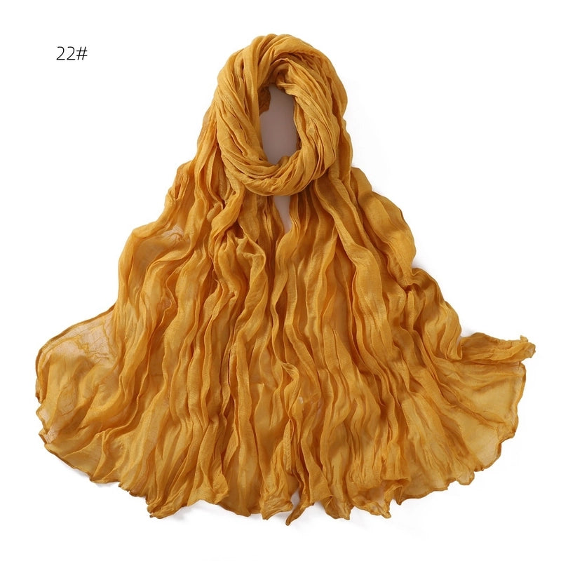 Spring And Autumn Pure Color Silk Yarn Twist Wrinkle Cotton And Linen Breathable Thin Scarf Female Cover Scarf In Stock