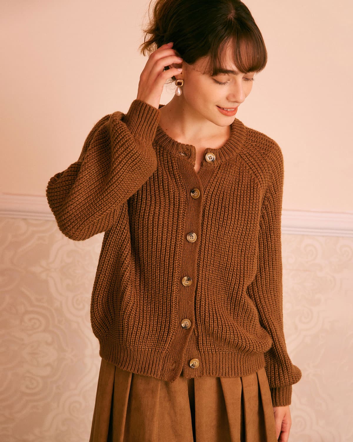 The Brown Round Neck Ribbed Knit Cardigan