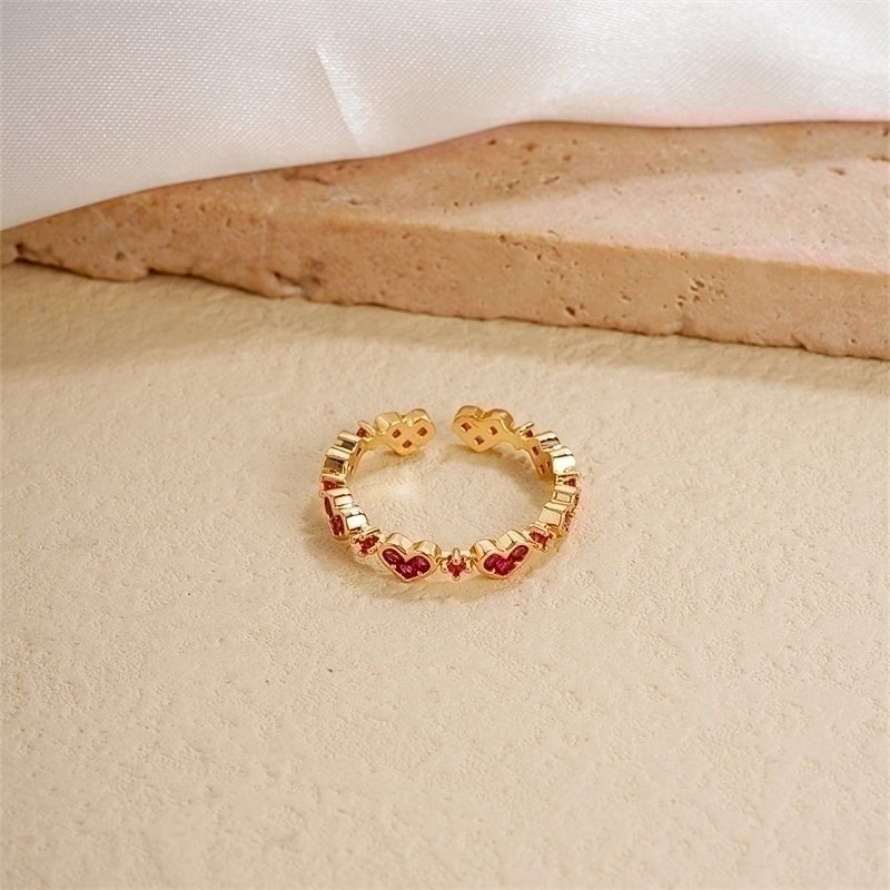 Copper Gold Plated IG Style Minimalist Plating Inlay Heart Shape Flower Zircon Open Rings