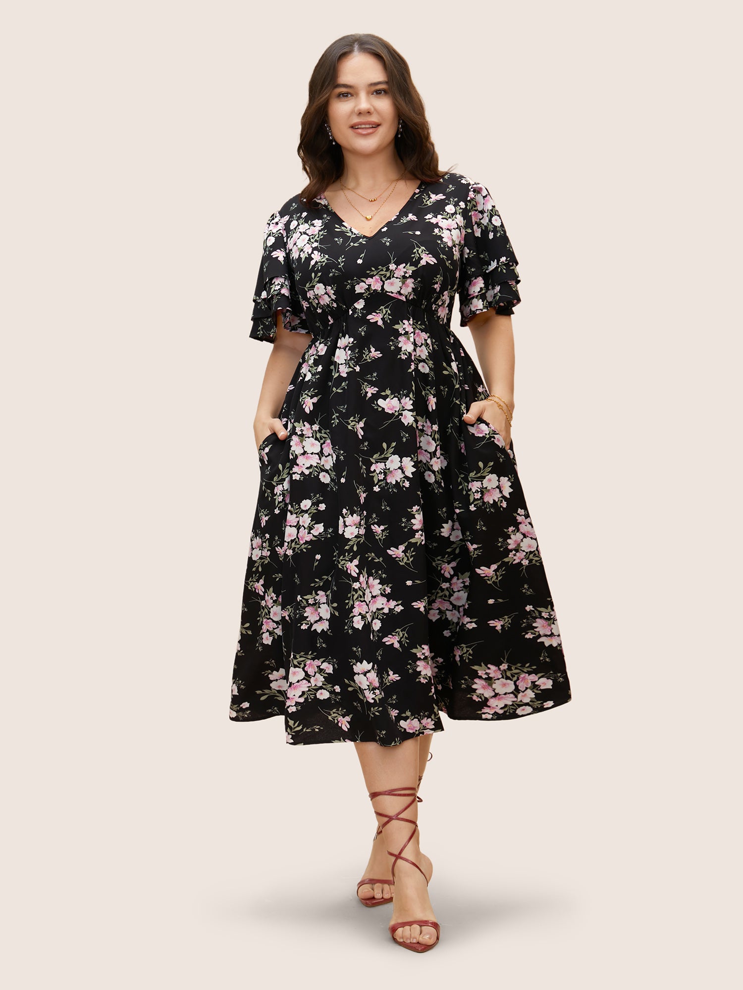 Floral Elastic Waist Tiered Ruffle Sleeve Dress