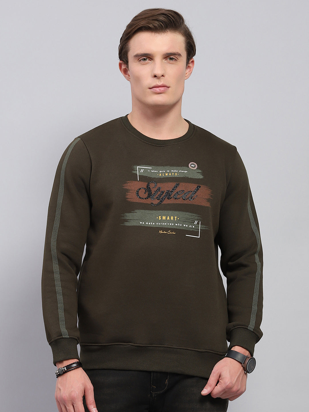 Men Olive Printed Round Neck Full Sleeve Sweatshirt