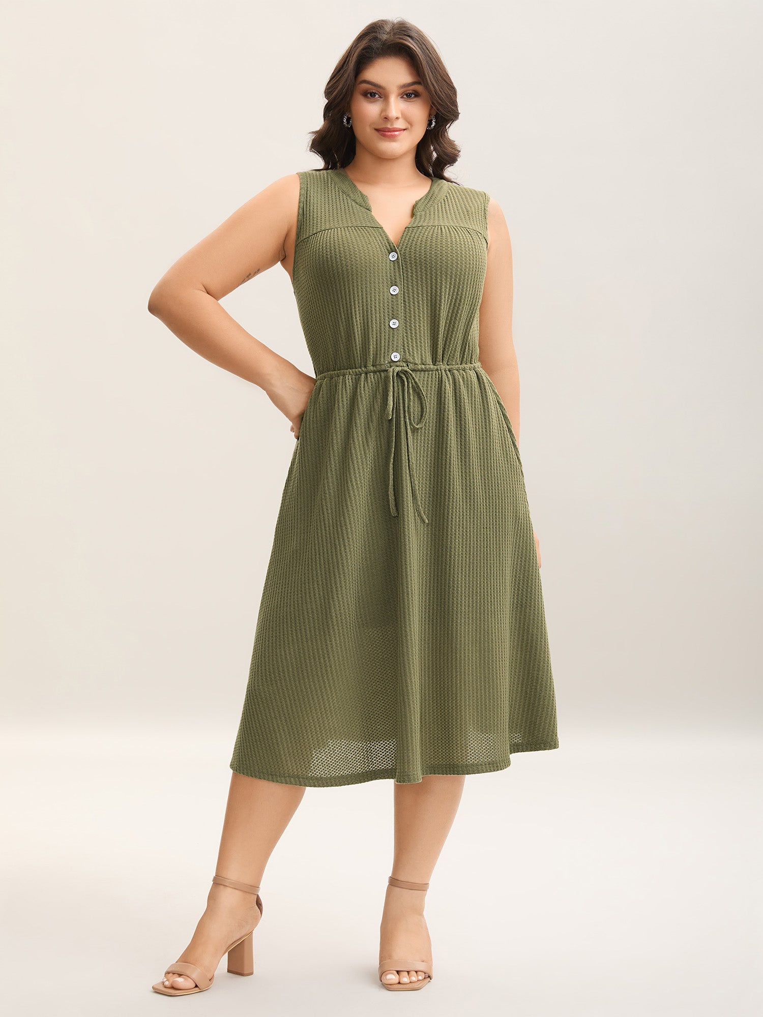 Stretchy Textured Waist-Tie Midi Dress
