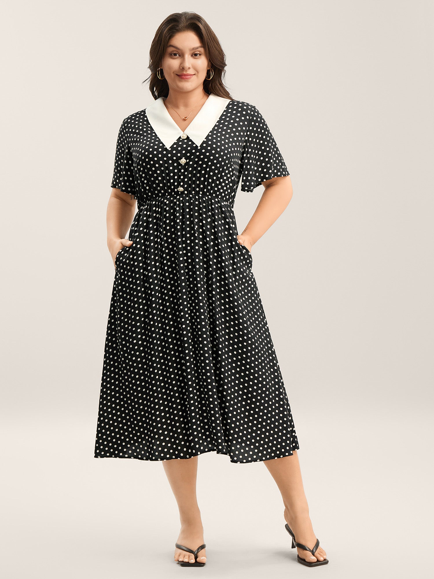 Rayon Pretty Polka Dots Lapel Collar Dress