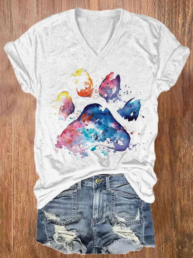 Women's Cute Colorful Paw Printed Casual T-Shirt