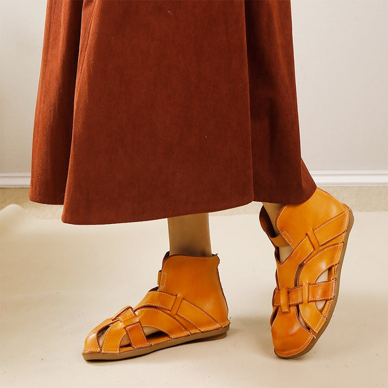 Washed Cowhide Leather Woven High-Top Flats Sandals in Caramel/Black