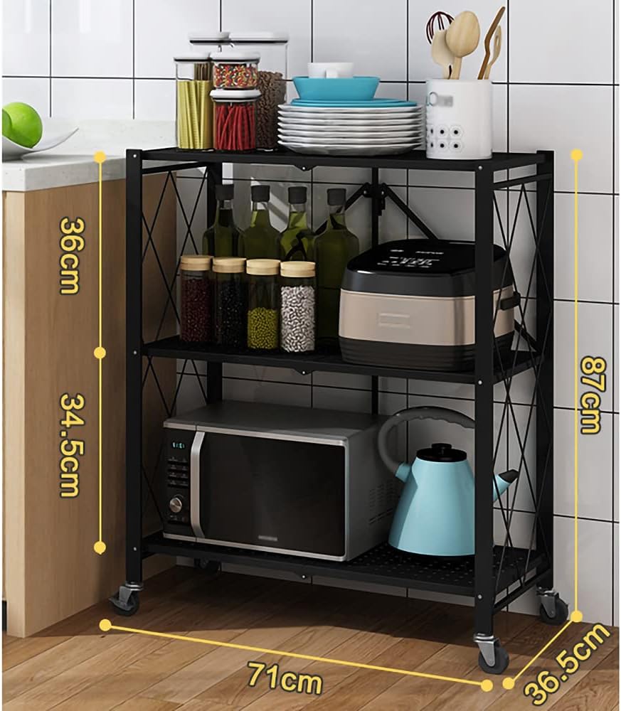 3 Layer Foldable Trolley Rack. Foldable Kitchen Storage Rack 3 Tier