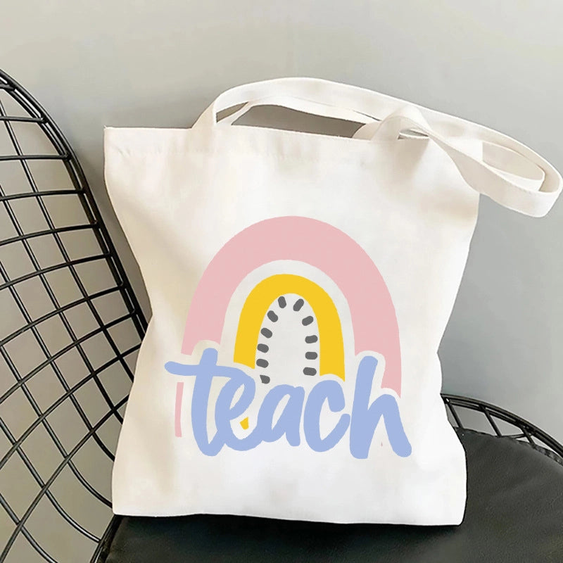 Women's Medium Canvas Letter Rainbow Preppy Style Classic Style Square Zipper Canvas Bag