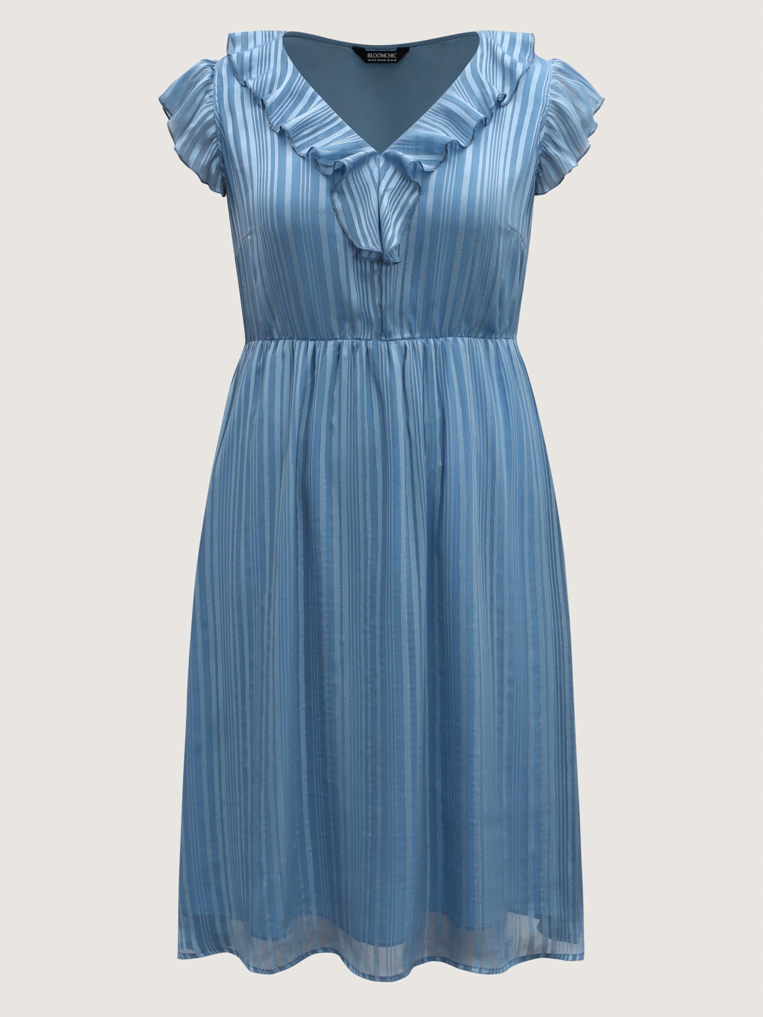 Textured Stripe Ruffled Neck Midi Dress