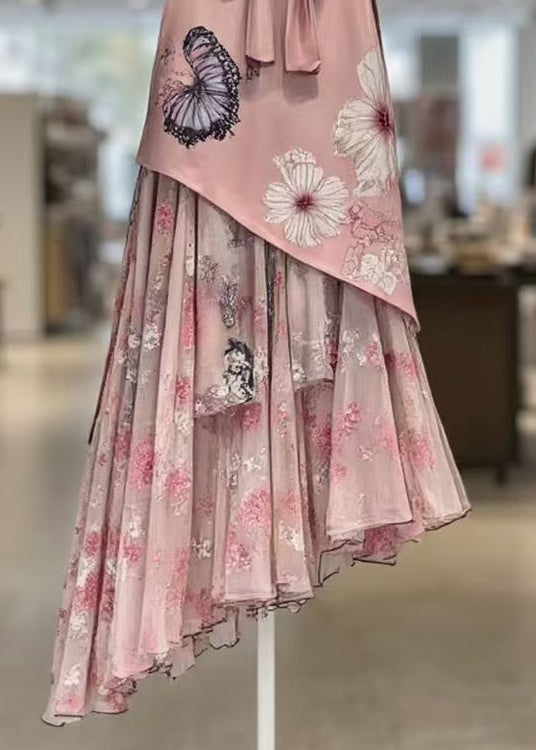 Beautiful Pink Print Lace Up Patchwork Chiffon Skirts Summer