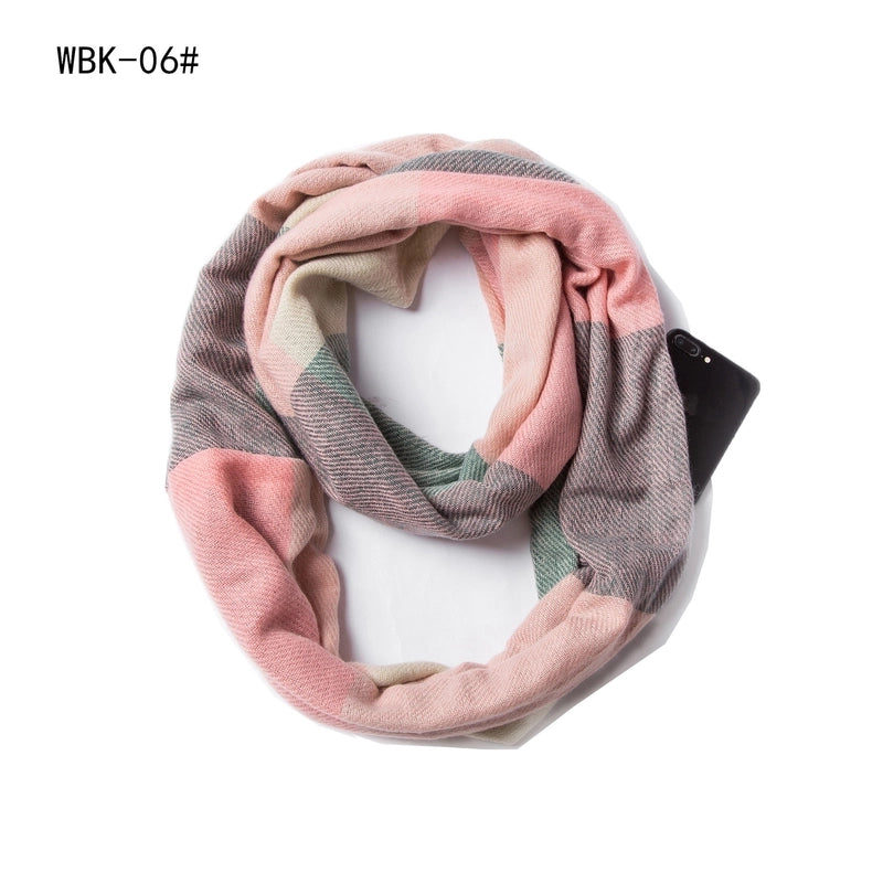 Hot Autumn And Winter New Scarf Men And Women Couple Thickened Pullover Plaid Zipper Pocket Scarf
