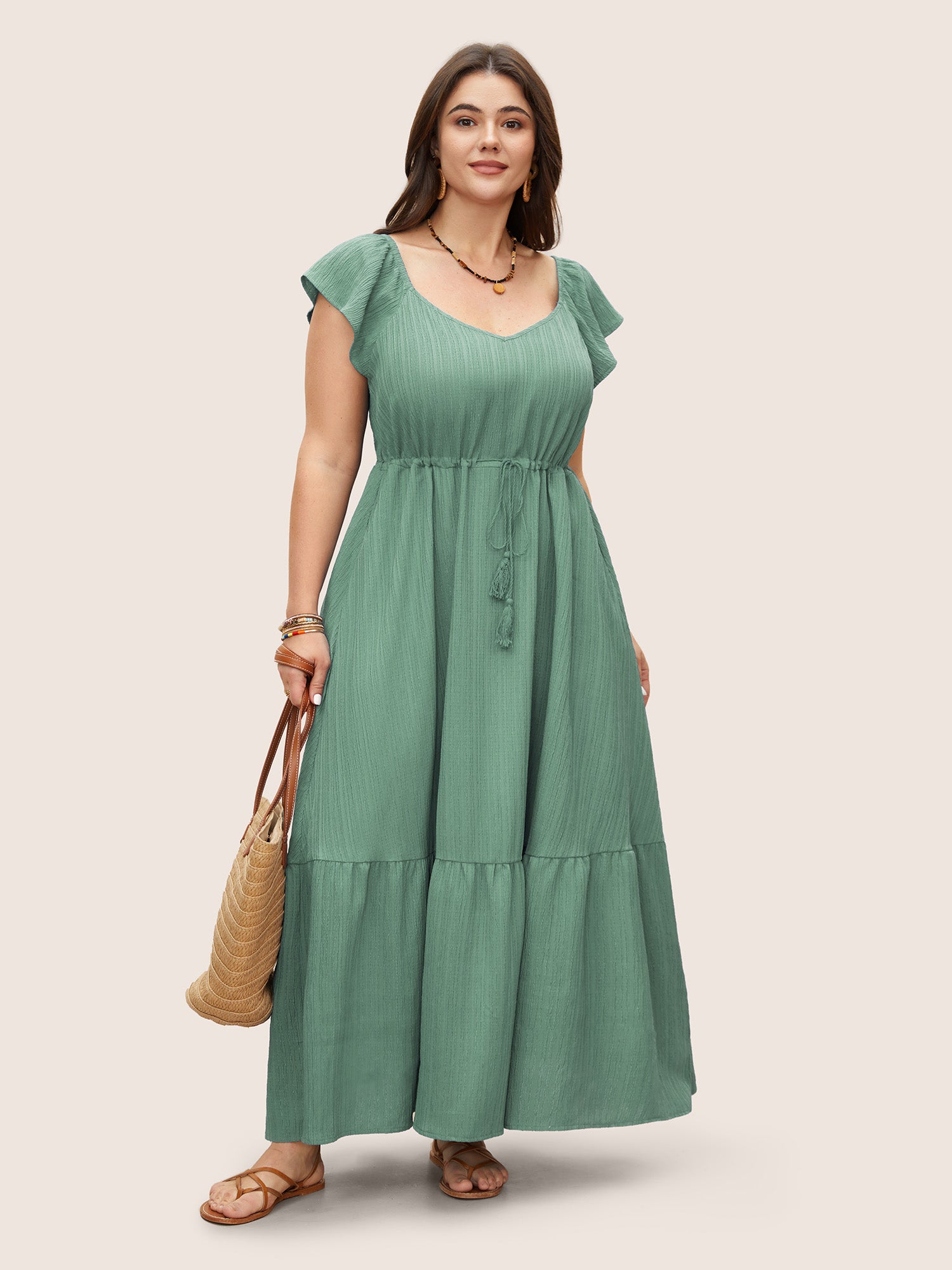 Texture Drawstring Tie Knot Tassels Dress
