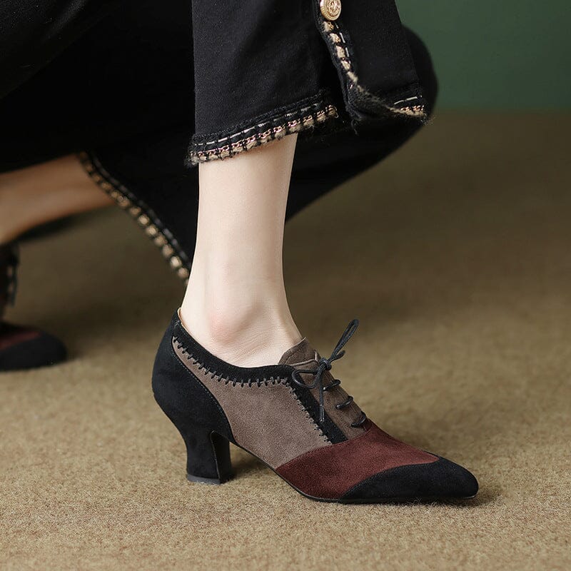 Kitty Heel Suede Leather Oxfords & Tie Shoes For Women Normal Fit in Color Blocking