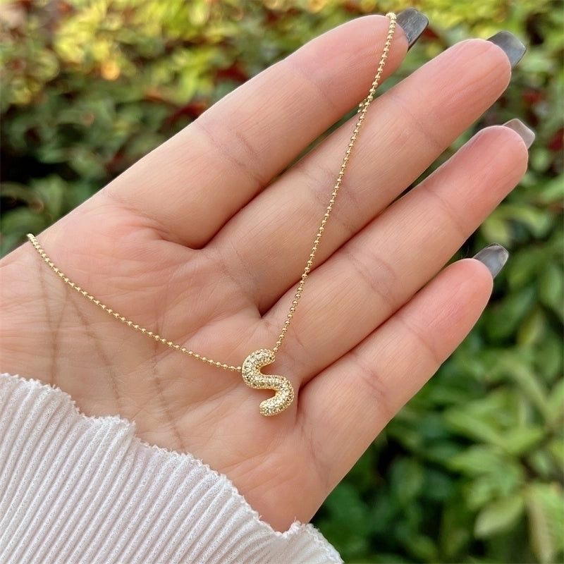 Copper 18K Gold Plated Inlay Letter Zircon Pendant Necklace