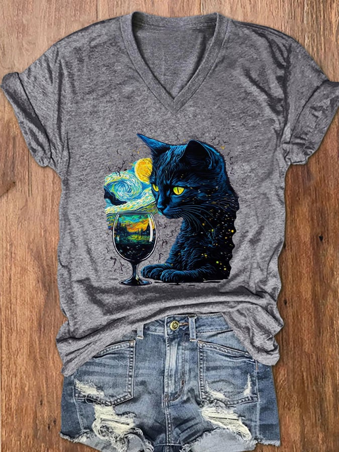 Women's Starry Night Black Cat Casual V-Neck Tee