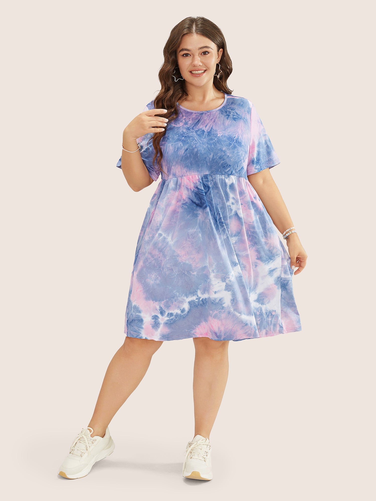 Tie Dye Pocket Ruffle Hem Knee Dress