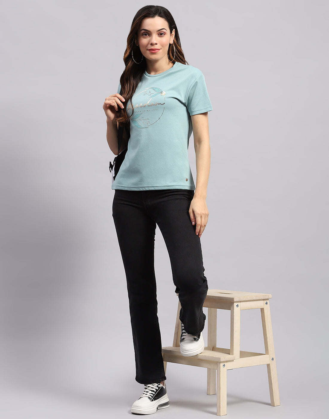 Women Sea Green Printed Round Neck Half Sleeve Top