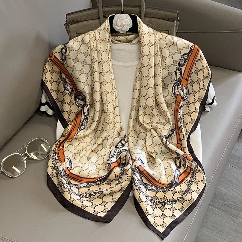 Women's IG Style Elegant Stripe Flower Chains Print Satin Printing Silk Scarf