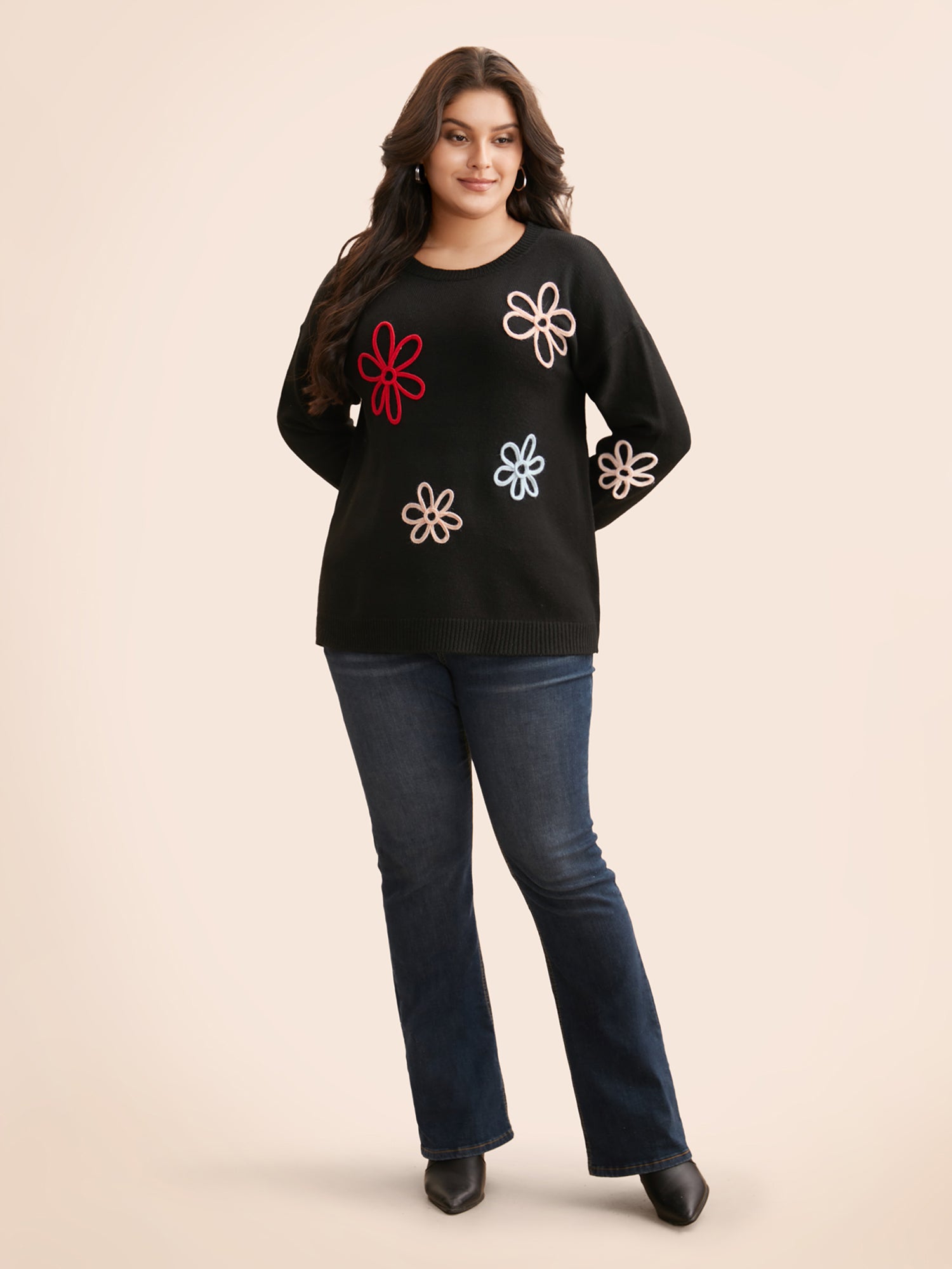 Crochet Floral Crew Neck Pullover