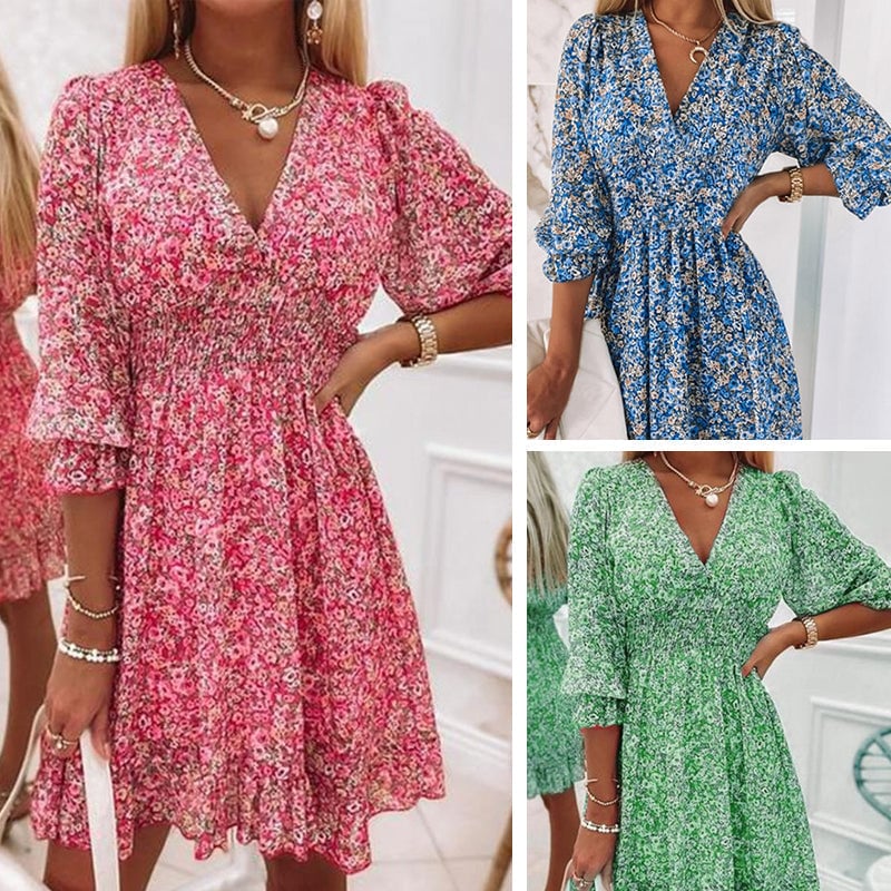 🔥Puff Sleeve Mid Waist Floral Dress