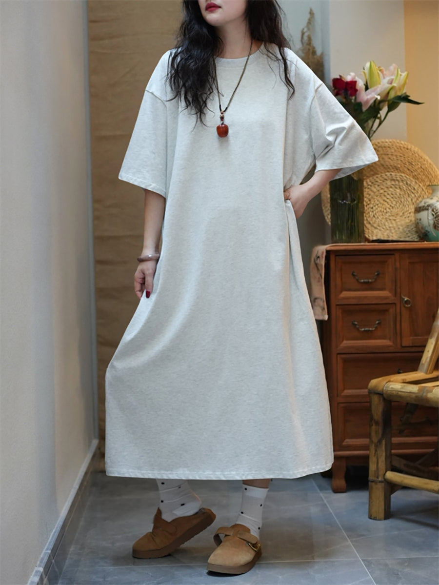 Women Summer Casual Pure Color O-Neck Cotton Dress