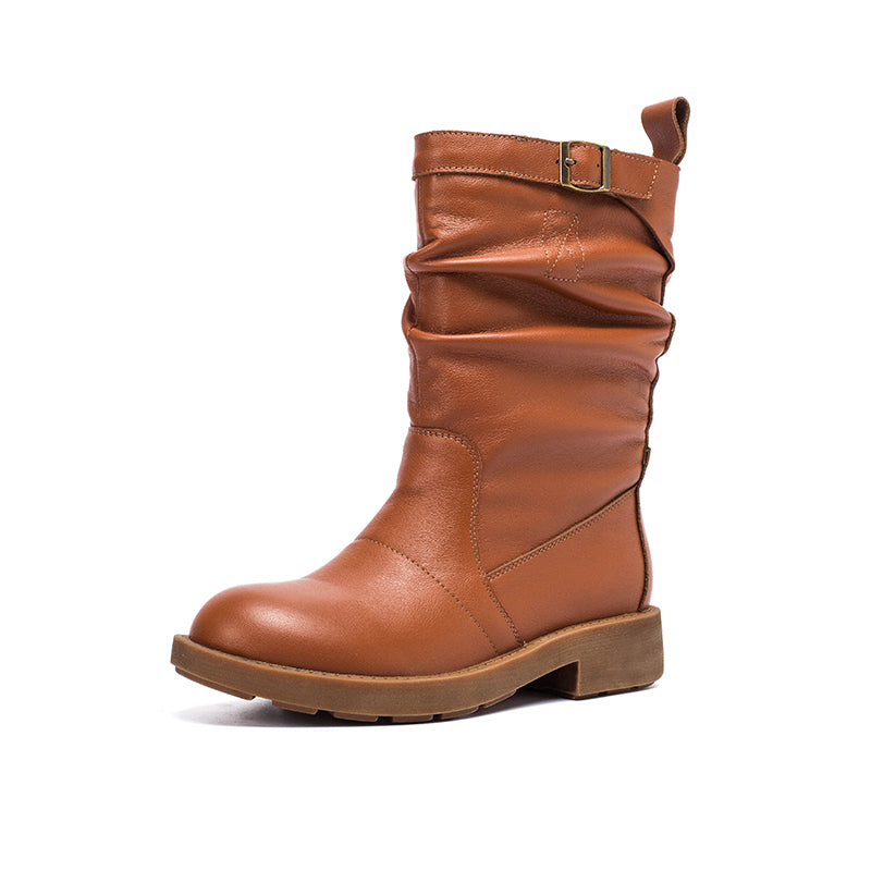 Soft?Leather Mid Calf Boots Fold Design Riding Boots Short Plush Lined For Winter