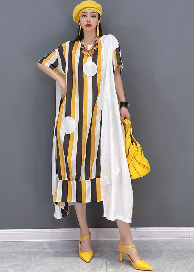Chic Yellow Asymmetrical Striped Print Patchwork Cotton Maxi Dresses Short Sleeve Summer