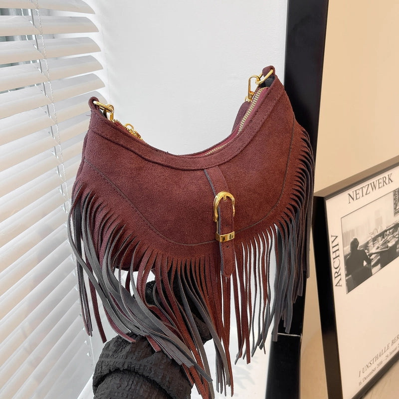 Women's Medium Pu Leather Solid Color Vacation Classic Style Tassel Dumpling Shape Zipper Crossbody Bag