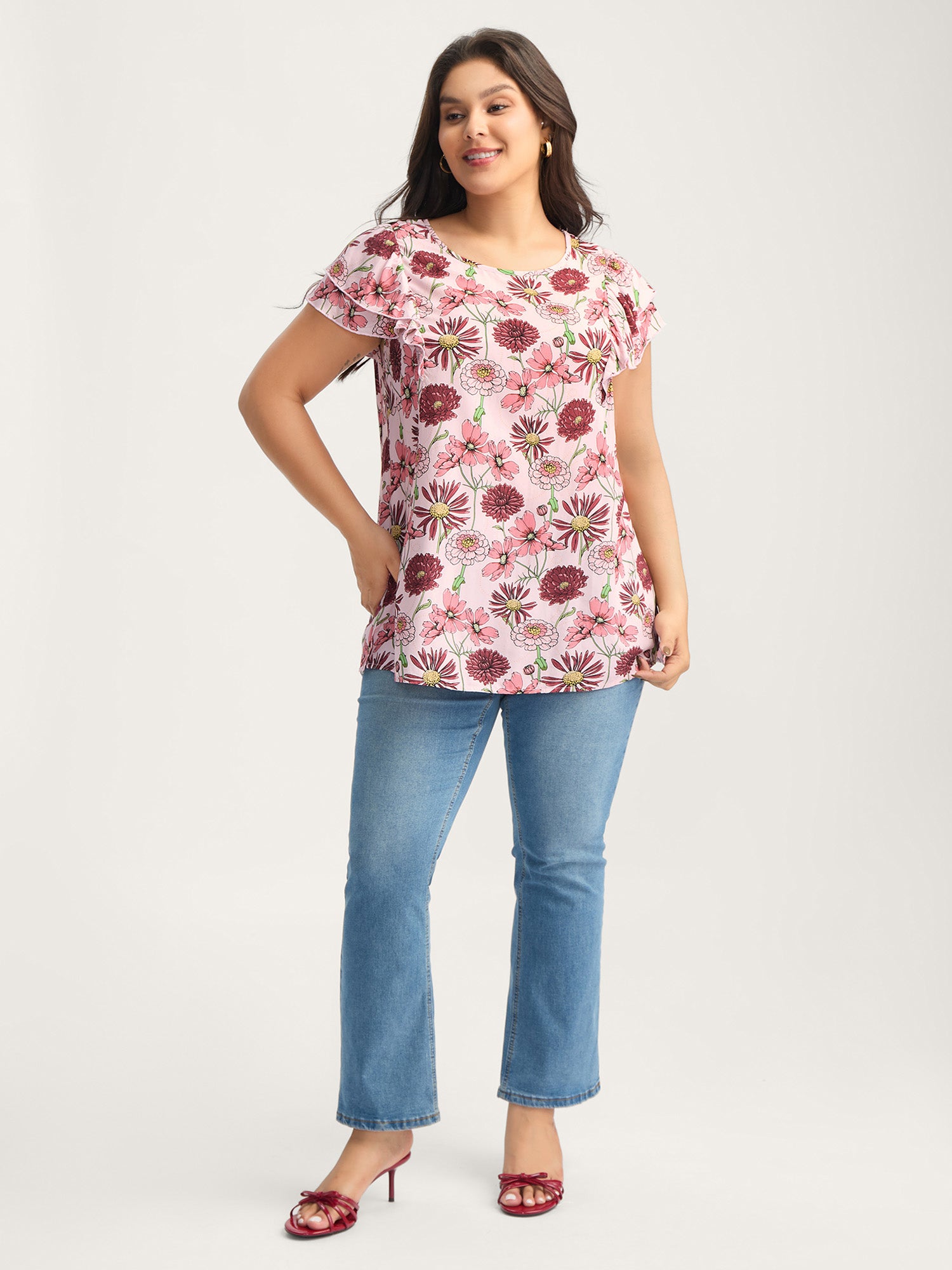 Large Floral Print Layered Sleeve Blouse