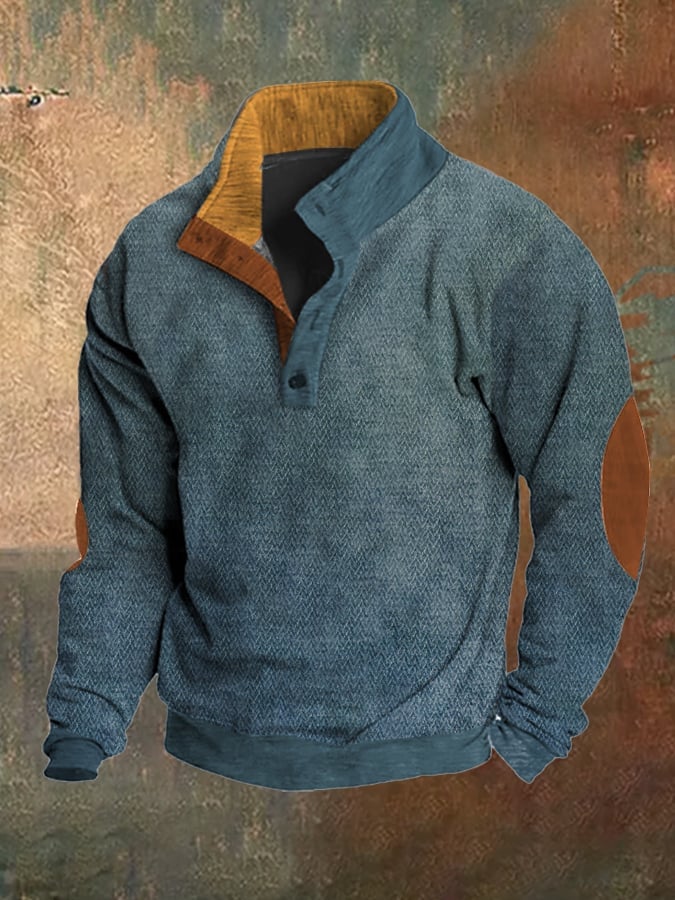 Men's Retro Denim Jacquard Casual Color Block Stand Collar Sweatshirt