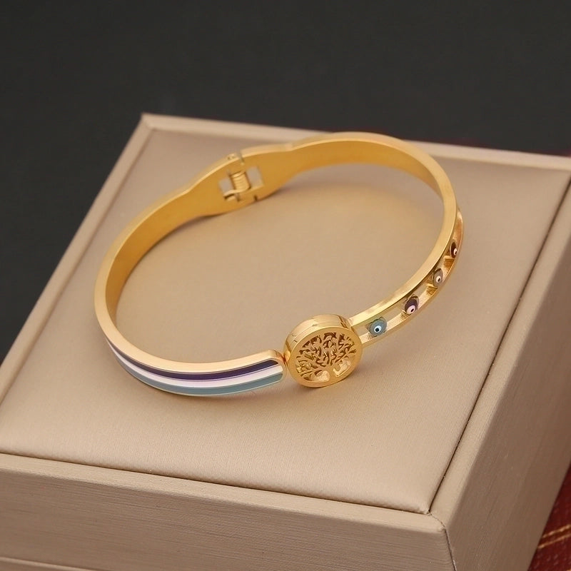 Casual Tree Leaves Eye Stainless Steel 18K Gold Plated Zircon Bangle In Bulk