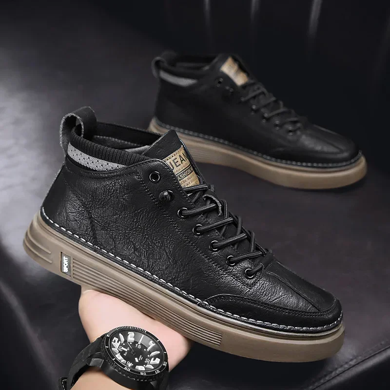 flats Trend Men's Casual Leather Shoes   for Men High-top Black Casual Male Sneakers Platform Ankle Boots Tênis Masculino 2025