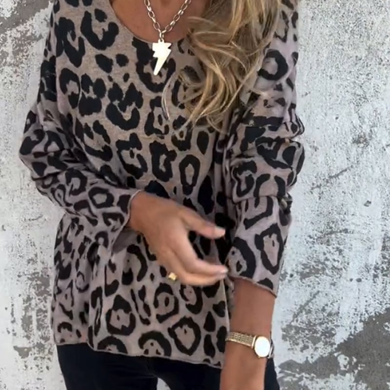 Women's Leopard Print Crew Neck Stretch Top
