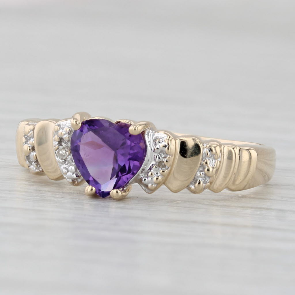 0.57ct Amethyst Heart Diamond Ring 10k Yellow Gold Size 7.5