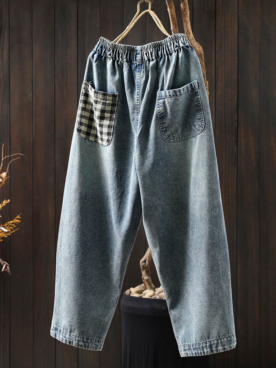 Women Summer Cartoon Patchwork Denim Harem Pants