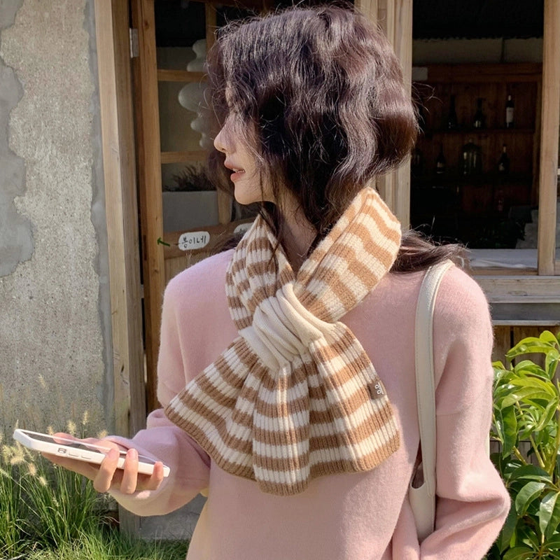 Wool Scarf Knitted Striped Cross Women's Autumn And Winter  Decorative Thickened Wool Blended Warm Scarf