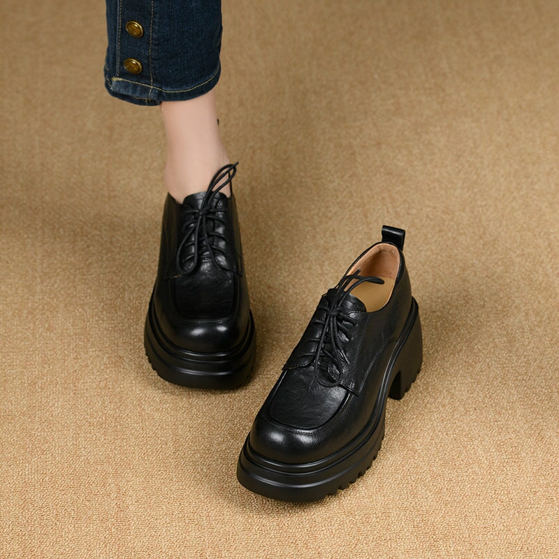 British Style 75mm Chunky Platform Leather Lace-Up Oxford Shoes in Black/Brown