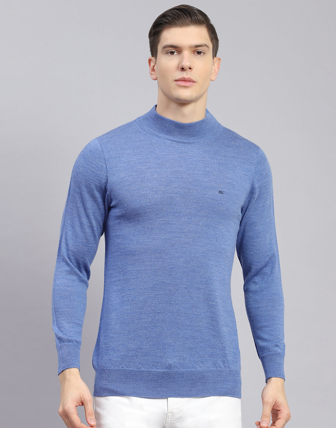 Men Blue Solid Turtle Neck Full Sleeve Pullover