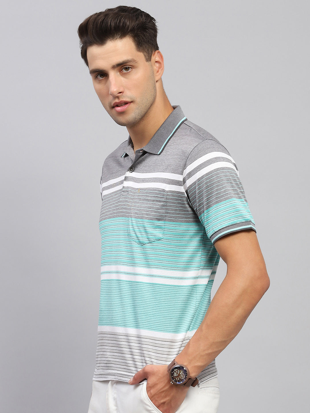 Men Grey & Green Stripe Collar Half Sleeve T-Shirt