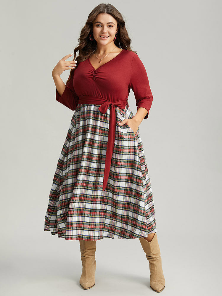 Christmas Plaid Patchwork Ruched Belted Dress
