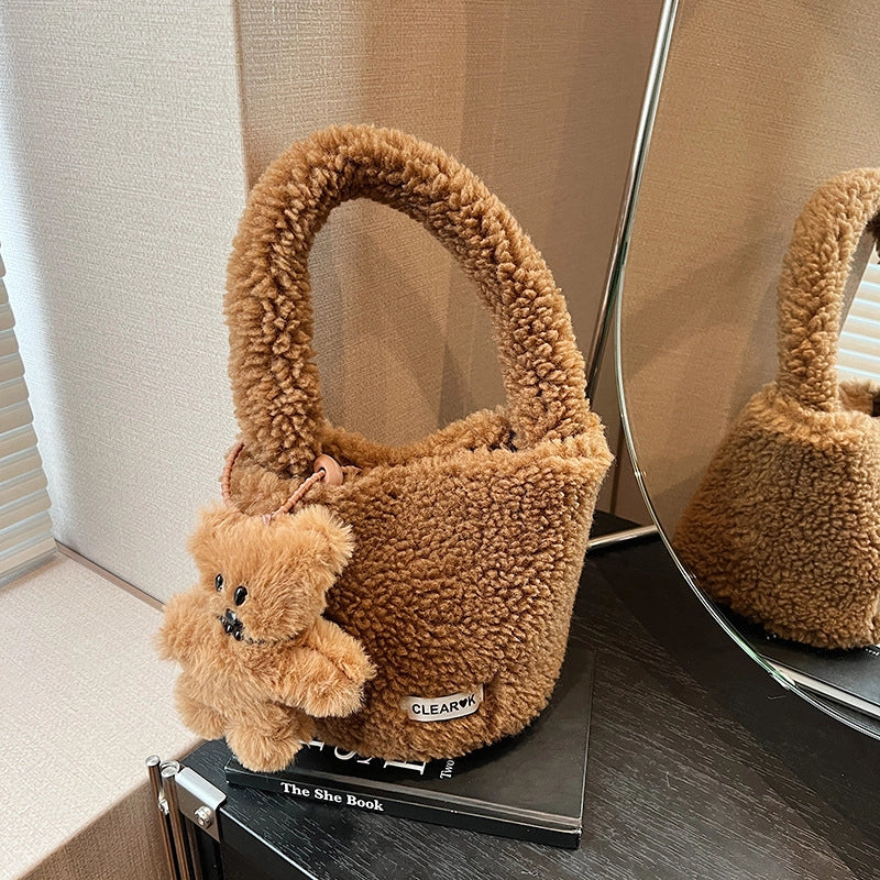 Women's Plush Solid Color Cute Bucket Magnetic Buckle Shoulder Bag Handbag Crossbody Bag