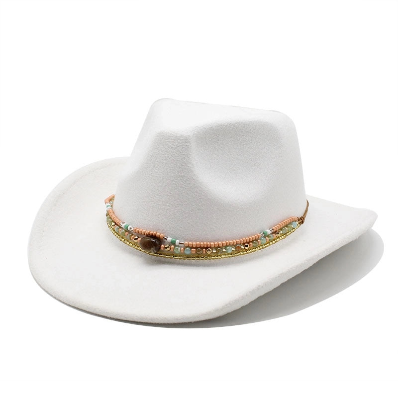 New Curling Cowboy Hat Western Ethnic Style Tibetan Felt Hat Colorful Bead Rope Accessories Knight Hat Fashion
