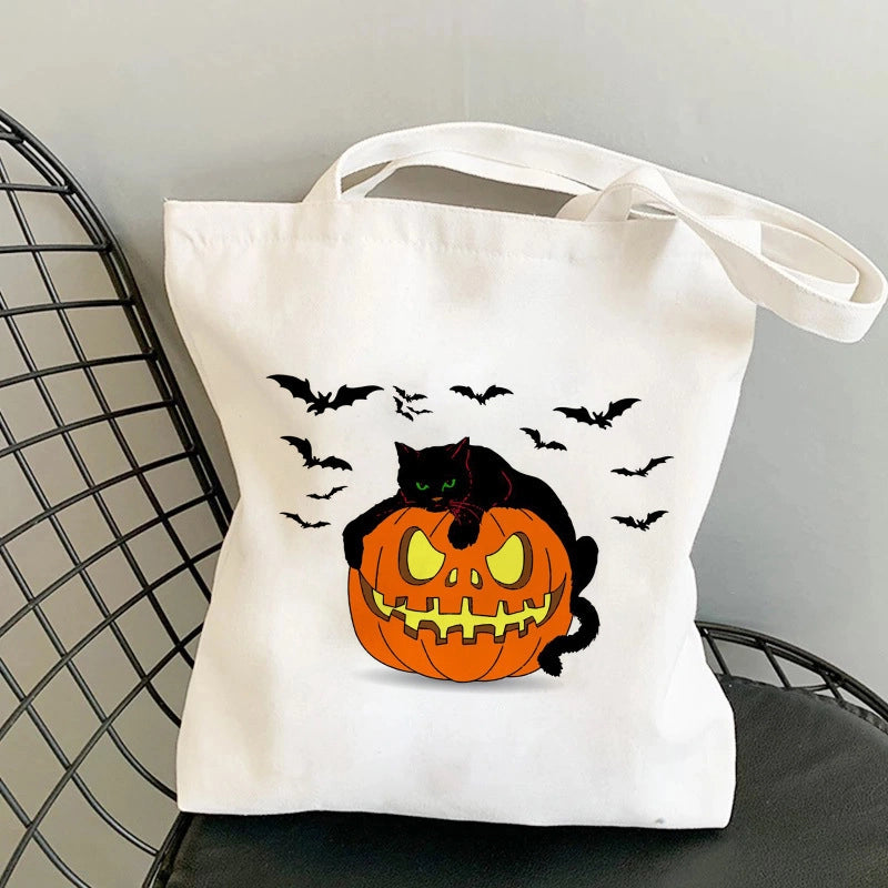 Halloween Unisex Canvas Animal Pumpkin Letter Streetwear Square Open Shoulder Bag Canvas Bag