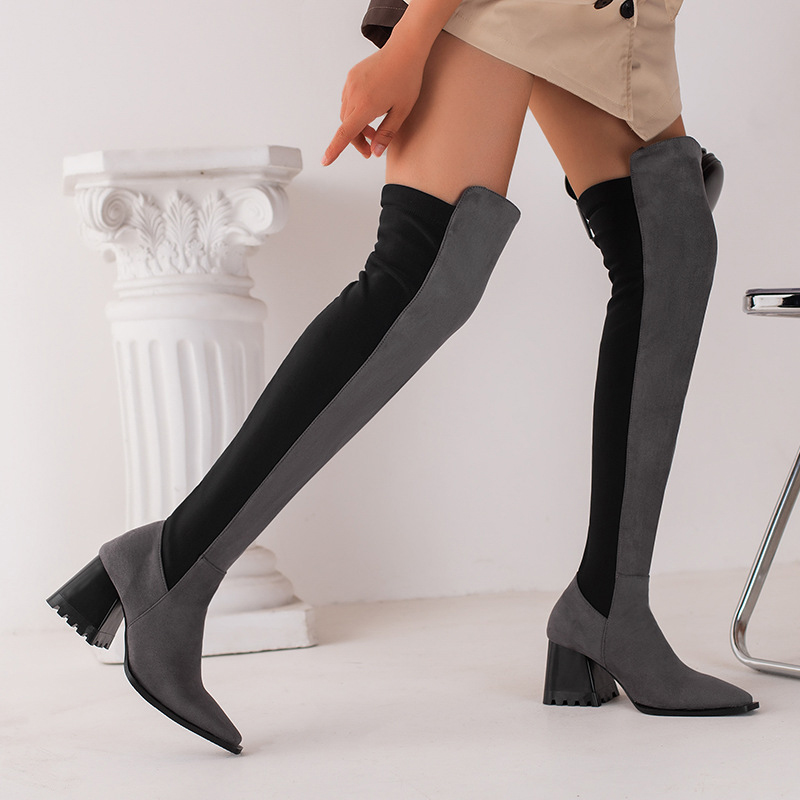 Suede Colorblock Patchwork Pointy Toe Chunky Heels High Leg Boots