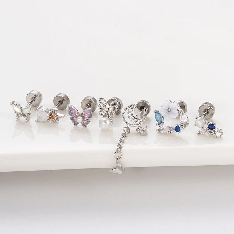 1 Piece Ear Cartilage Rings & Studs Hip-Hop Heart Shape Flower Butterfly 316L Stainless Steel  Copper Inlay Artificial Pearls Zircon