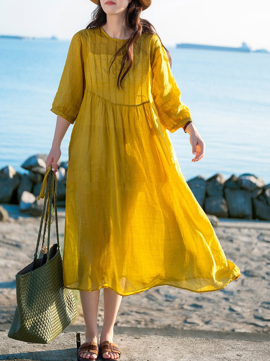 Women Summer Artsy Pure Color O-Neck Shirred 100%Ramie Dress