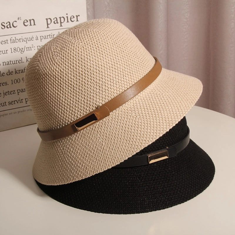 Korean Style Cotton And Linen Knitted Belt Buckle Fisherman Hat Female British Versatile Fashion Sun Protection Basin Hat Simple Top Hat Fashion