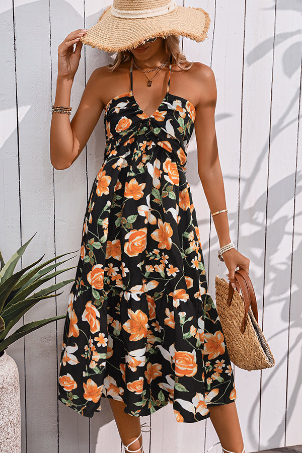 Floral Print Halter Neck Sleeveless Casual Dress