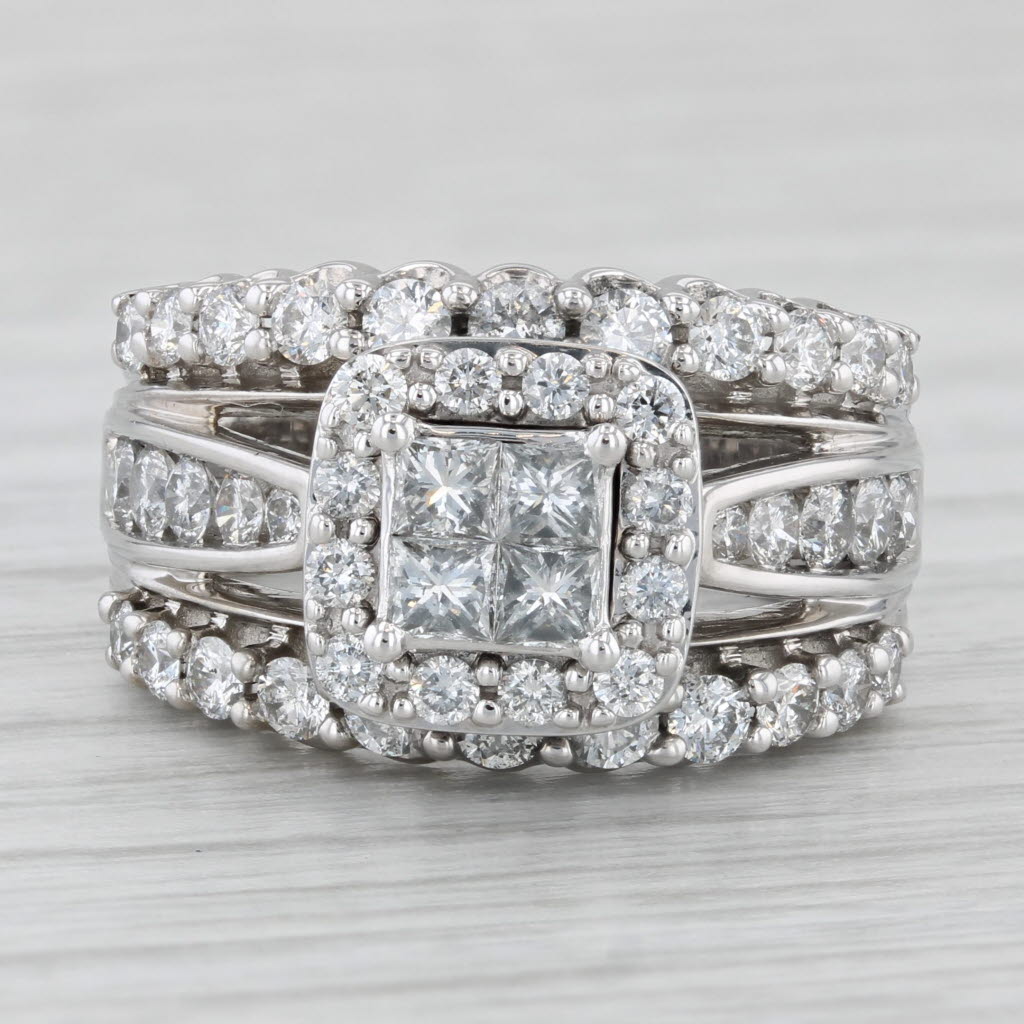 1.90ctw Diamond Cluster Halo Engagement Ring 14K White Gold Ring Sz 7 Bridal Set