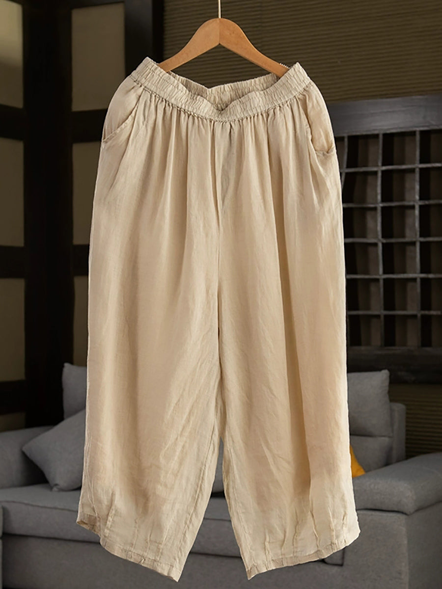 Women Summer Retro Pure Color 100%Ramie Bloomers