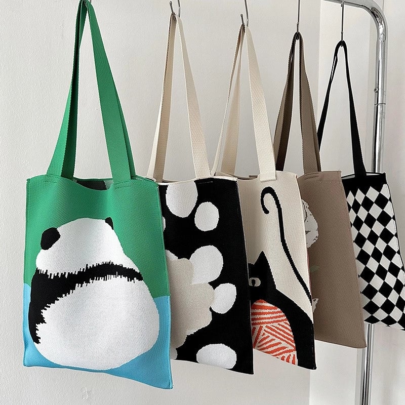 Niche Design Cute Panda Knitted Shoulder Bag Women's Versatile Large Capacity Shopping Commuter Tote Bag Women's Bag